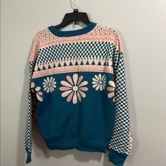 Easel Sweater Teal and Pink Patterned Sweater - Picture 7 of 7